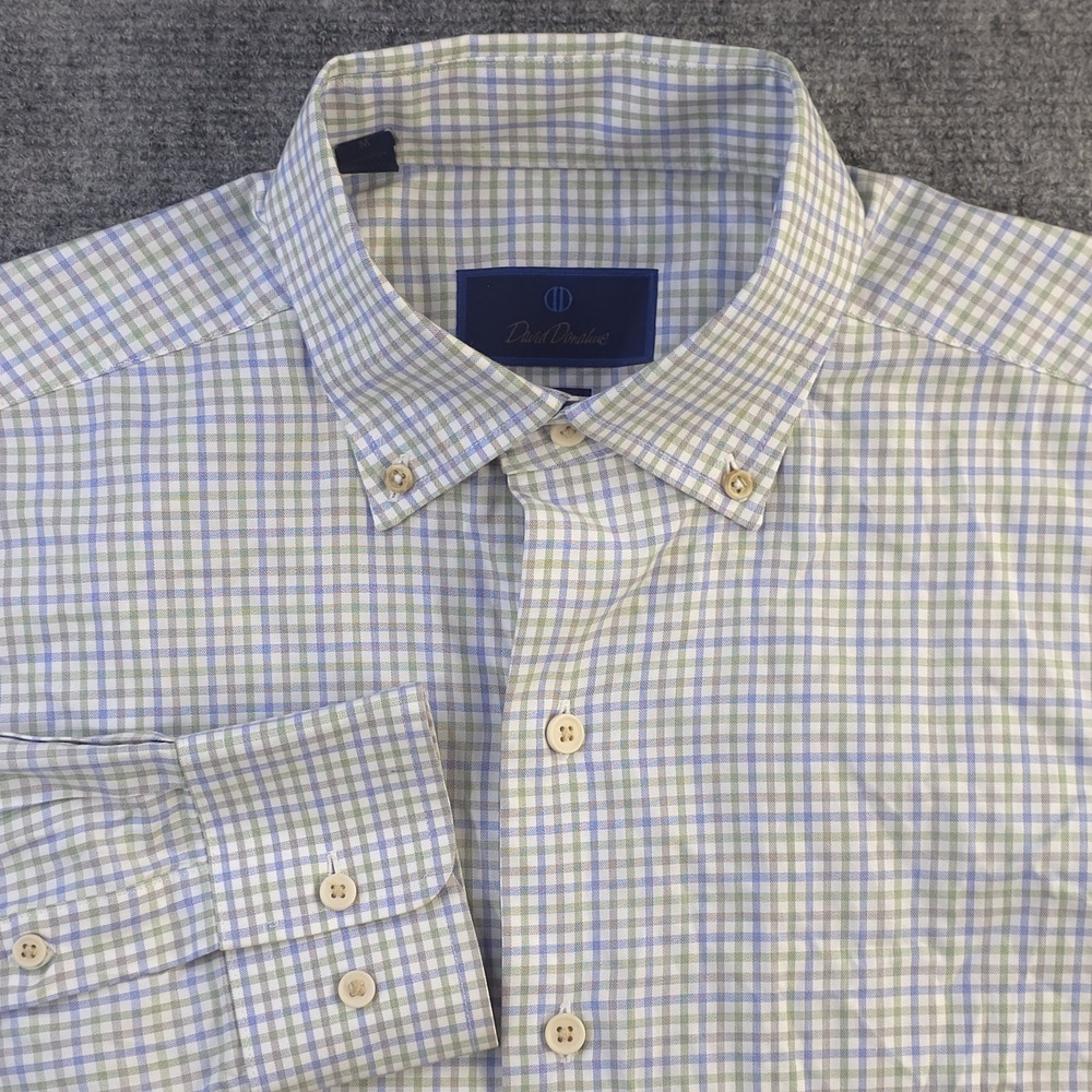 David Donahue‎ Fusion Shirt Medium Green Blue Check Long Sleeve Button Down